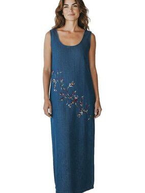 Vintage Blue Denim Dress Agapo Embroidered Colourful Floral Boho Cotton Maxi